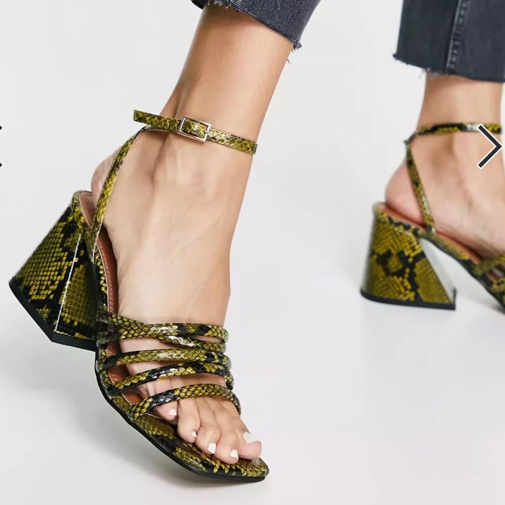 ASOS DESIGN Husk strappy block heeled sandals in lime snake